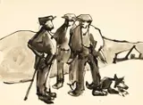 Inkwash - three farmers and a sheepdog by Kyffin Williams, pencil, sold Apr 2025