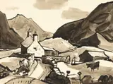 Inkwash - an upland farm with black cow by Kyffin Williams, watercolor, sold Apr 2025