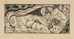 Wood engraving - entitled verso 'Female Yahoo Embraces Gulliver by David Jones, engraving, sold Apr 2025