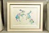 Spring in the air - boxing hares by Amanda Gordon, watercolour on paper, sold May 2022