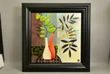 A still life depicting foliage in two vases by Margaret Hughlock, mixed media on board, sold May 2022