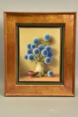 Les chardons bleus / the blue thistles by Robert Chailloux, oil on board, sold May 2022