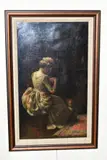 A study of a female figure sewing by M.R. Locke, oil on canvas, sold May 2022