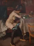 Female nude seated at a table Signed P by Paul Paede, Oil on board, sold Dec 2021