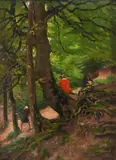 A lady and two children in the woods Signed C H H Burleigh by Charles H. H. Burleigh, Oil on canvas, sold Dec 2021