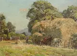 Building the hayrick Signed H Royle by Herbert F. Royle, Oil on canvas, sold Dec 2021
