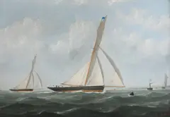Yachts and a steam ship off the coast by George Mears, oil on board, sold Dec 2021