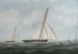 Yachts and a steam ship off the coast by George Mears, oil on board, sold Dec 2021