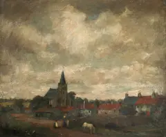 View of a French village with two figures by a river by David Muirhead, Oil on canvas, offered Dec 2021