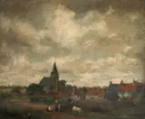 View of a French village with two figures by a river by David Muirhead, Oil on canvas, offered Dec 2021