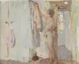 Hanging up a Nightdress by Bernard Dunstan, Oil on board, sold Dec 2021