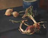 Still life with onions and shallots on a tabletop Signed BGT Ward by Toby Ward Neac, Oil on board, sold Dec 2021