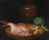 Still life with fish and onions on a dish by Clare Atwood, Oil on canvas, sold Dec 2021