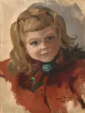 Portrait of Sabine wearing a red coat and scarf Signed Victor by Victor Ferreri, Oil on canvas, offered Dec 2021