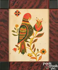 fraktur of parrot on a tulip branch by David Y. Ellinger, watercolor, sold Oct 2023