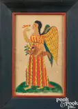fraktur of an angel with bird by David Y. Ellinger, watercolor, sold Oct 2023