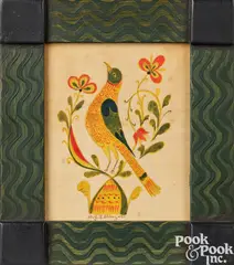 fraktur of a bird perched on a floral branch by David Y. Ellinger, watercolor, sold Oct 2023