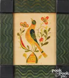 fraktur of a bird perched on a floral branch by David Y. Ellinger, watercolor, sold Oct 2023