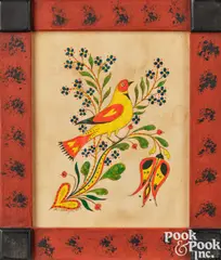 fraktur of a bird perched on a tulip branch by David Y. Ellinger, watercolor, sold Oct 2023