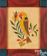 fraktur of a bird perched on a tulip branch by David Y. Ellinger, watercolor, sold Oct 2023