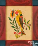 fraktur of a bird perched on a tulip branch by David Y. Ellinger, watercolor, sold Oct 2023