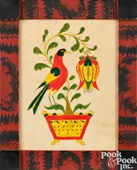 fraktur of bird on a potted tulip branch by David Y. Ellinger, watercolor, sold Oct 2023