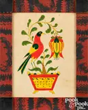fraktur of bird on a potted tulip branch by David Y. Ellinger, watercolor, sold Oct 2023