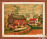 farm scene by David Y. Ellinger, oil on velvet, sold Oct 2023