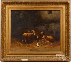 barn scene with sheep by Jules G. Bahieu called Battiguant, oil on canvas, sold Aug 2023