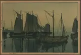 NEW MOON WOODBLOCK PRINT, a tranquil depiction of sailboats with the new moon in the background, artist's signature and seal lower left corner by Hiroshi Yoshida, pencil signed ", sold Oct 2024