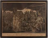 AFTER JOHANN ZOFFANY (ENGLISH/GERMAN, 1733-1810) , COLONEL MORDAUNT'S COCK MATCH HAND-COLORED ENGRAVING by Richard Earlom, mezzotint engraving printed on paper with hand-colored highlights, sold Oct 2024