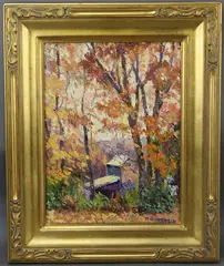 Hidden View by Ray Overpeck, Oil on board "Hidden View" SLR and en verso Fall landscape 12"H x 9"w, sold Dec 2018