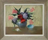 Flowers on Glass. by Jeanette Slocomb Edwards, Oil on board, sold Aug 2019