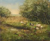 Ducks by the Pond by Henk Roosink, oil on canvas (unstretched), sold Oct 2020