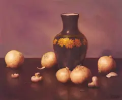 Still Life with Mushrooms and Onions by Alfred Jackson, oil on canvas (unstretched), sold Oct 2020