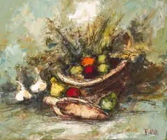 Still life with Vegetable Basket by Manuel Monton Bunuel, oil on canvas (unstretched), sold Oct 2020