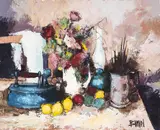 Still life with Artist Brushes by Manuel Monton Bunuel, oil on canvas (unstretched), sold Oct 2020