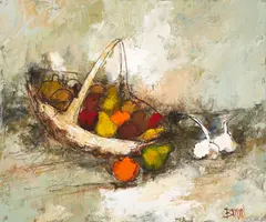 Still life with Fruit Basket by Manuel Monton Bunuel, oil on canvas (unstretched), sold Oct 2020