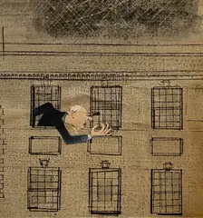 Apartment Window by Benoît Gilsoul, ink, oil and wash on paper mounted to mat board, sold Oct 2020