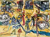 Spanish Encounter 2 by John Olsen, 1960, oil on composition board (diptych), sold Nov 2020