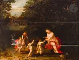 L’Offrande à Bacchus by Jan van Balen, Panneau de chêne, trois planches, renforcé Marque des mains d’Anvers dans un angle Porte u, sold Jun 2025