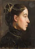 Portrait présumé de Mme Frizac aux pendants d’oreilles by Jean-Paul Laurens, Toile d’origine Dédicacée et monogrammée en bas à droite «Offert à Mr Frizac / par l’auteu, sold Jun 2025
