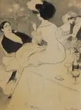 Au bar by Joan Cardona i Lladós, vers 1905, Crayon noir et estompe, sold Jun 2025