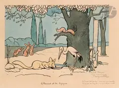 Le Renard et la Cigogne by Benjamin Rabier, Encre, aquarelle et mine de plomb, sold Jun 2025
