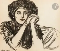 Femme au chapeau à plumes by Maxime Dethomas, 1910, Fusain et sanguine, sold Jun 2025