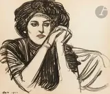 Femme au chapeau à plumes by Maxime Dethomas, 1910, Fusain et sanguine, sold Jun 2025