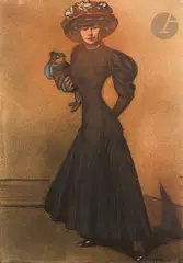 Élégante au chien, vers 1915-17 by Maxime Dethomas, Fusain, sanguine et aquarelle, sold Jun 2025