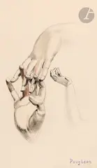 Étude de main pour Femmes et faunes by Robert Poughéon, vers 1929, Encre, crayon et sanguine, sold Jun 2025