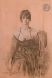 Portrait de Suzanne Lalique by Georges Clairin, Fusain, estompe, craie blanche et crayons de couleur sur papier rose, sold Jun 2025