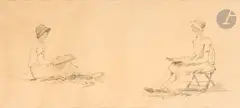 Deux études de Yolande Osbert dessinant assise par terre et assise sur un tabouret, à Vauville (Manche) by Alphonse Osbert, 1929, Crayon noir, sold Jun 2025